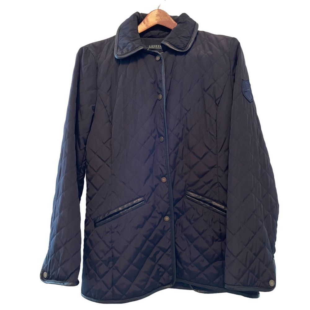 Lauren Ralph Lauren Black Quilted Snap Front Jacket Faux Leather Trim Small
